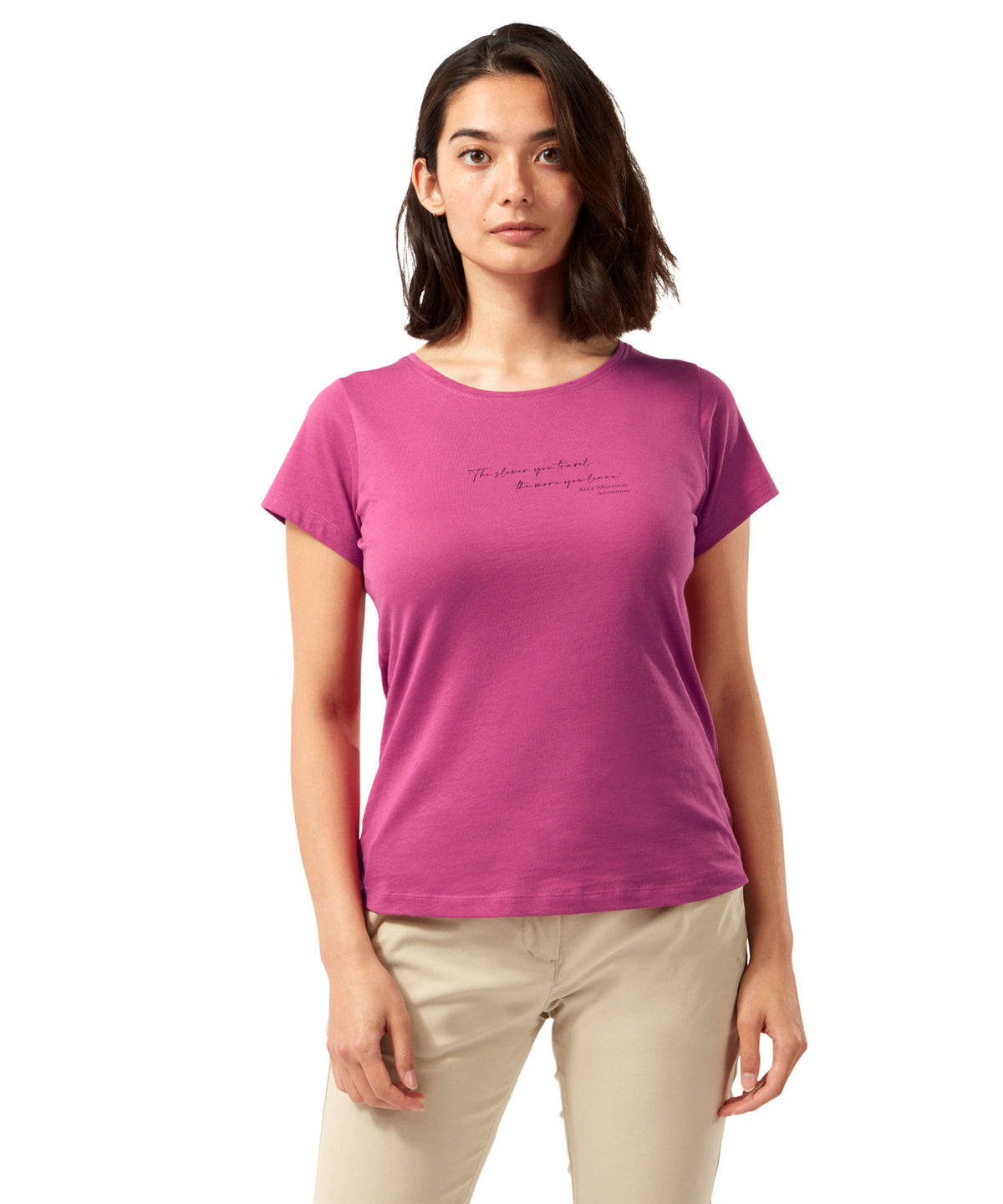 Raspberry Quote Craghoppers Miri Short Sleeve T-Shirt on white background 