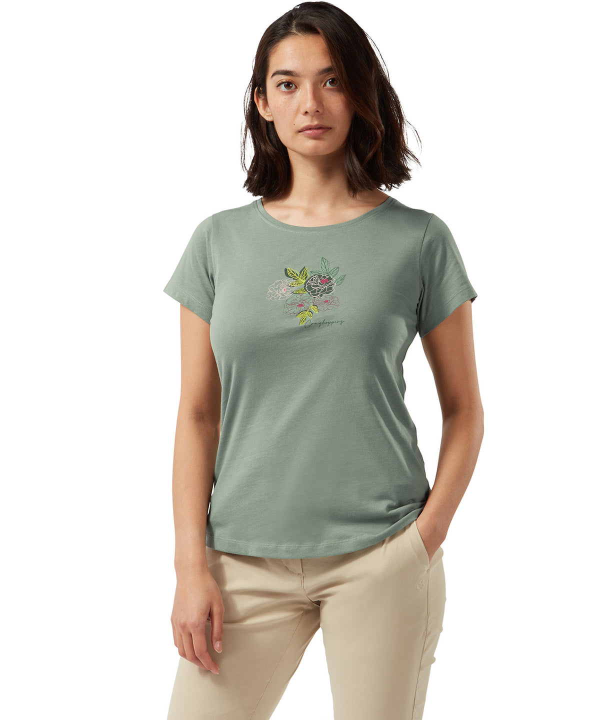 Sage Floral Craghoppers Miri Short Sleeve T-Shirt on white background 