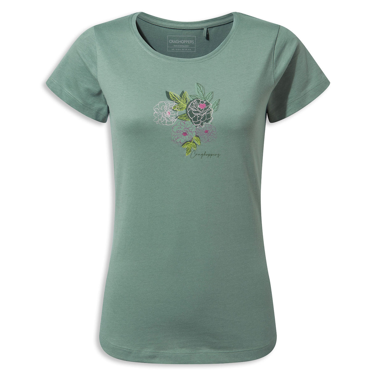 Sage Floral Craghoppers Miri Short Sleeve T-Shirt on white background 