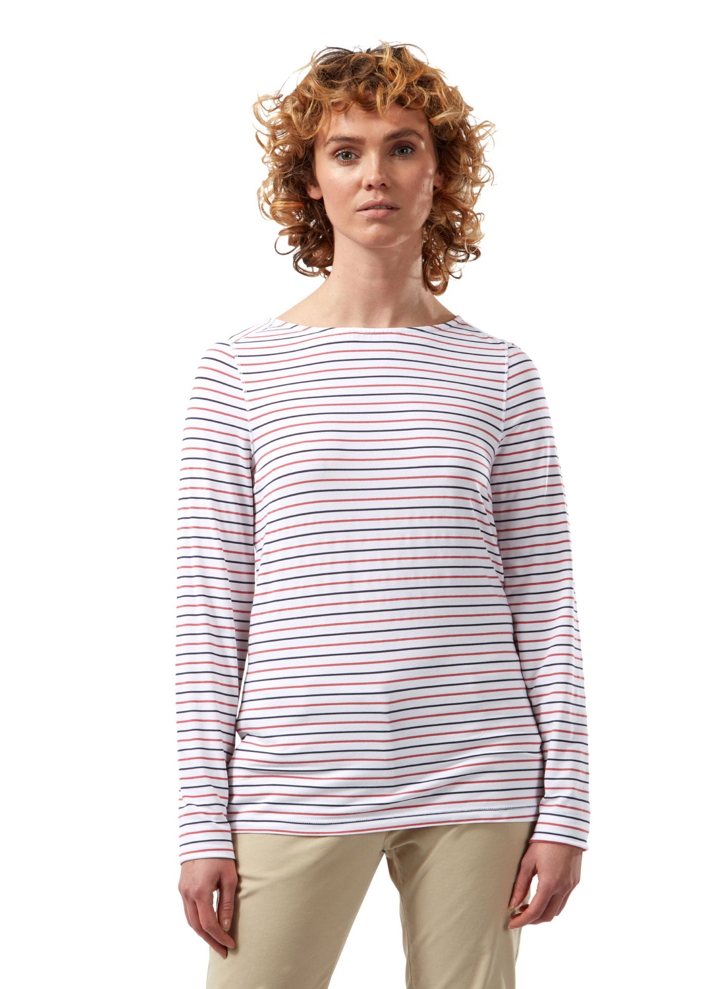 Blue Navy Pompeian Red Stripe coloured Craghoppers NosiLife Erin Ladies L/S Top on white background 