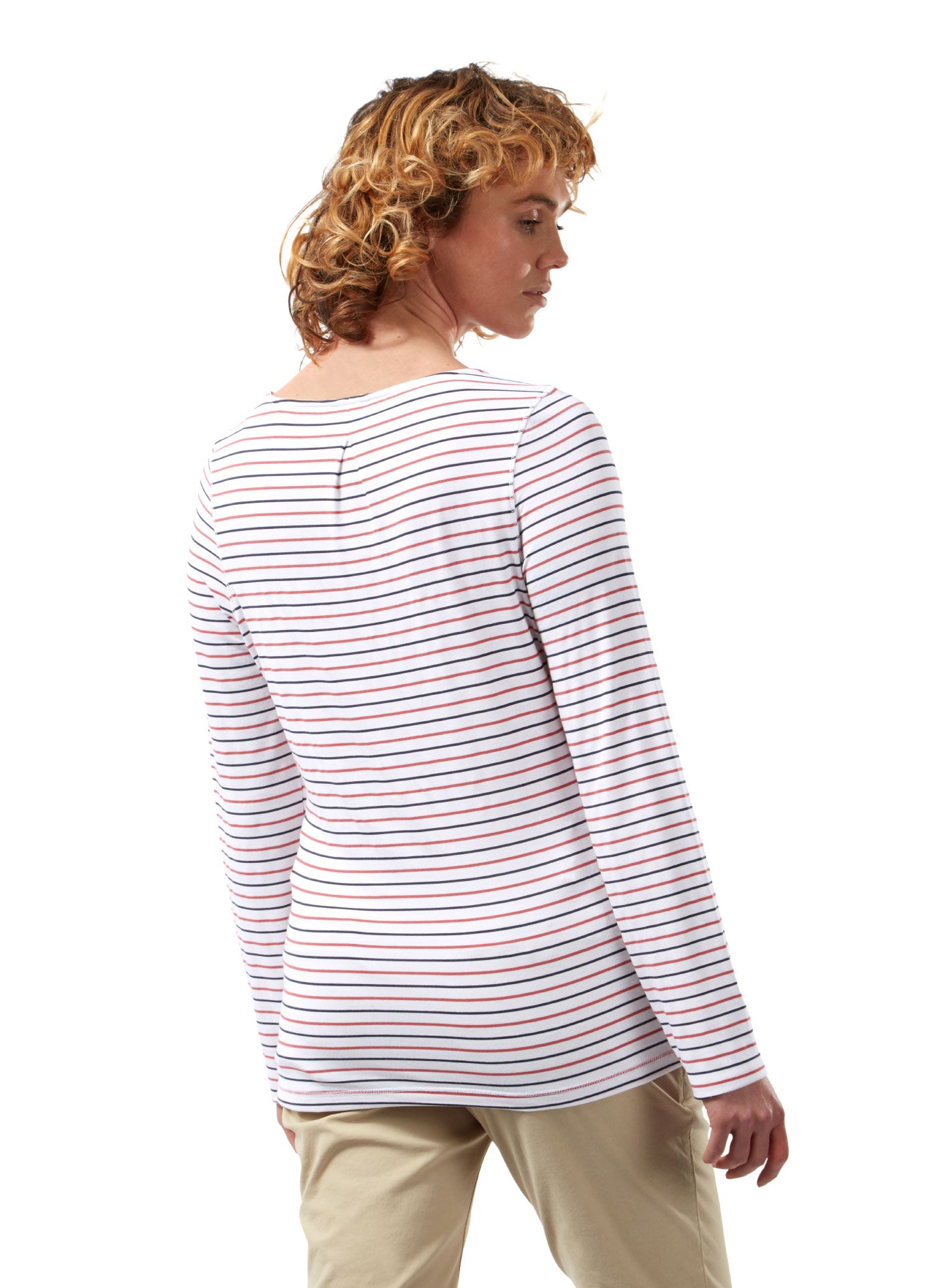 Blue Navy Pompeian Red Stripe coloured Craghoppers NosiLife Erin Ladies L/S Top on white background 