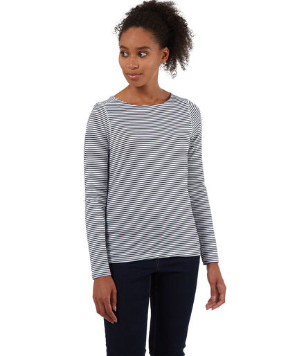 Blue Navy Stripe coloured Craghoppers NosiLife Erin Ladies L/S Top on white background 