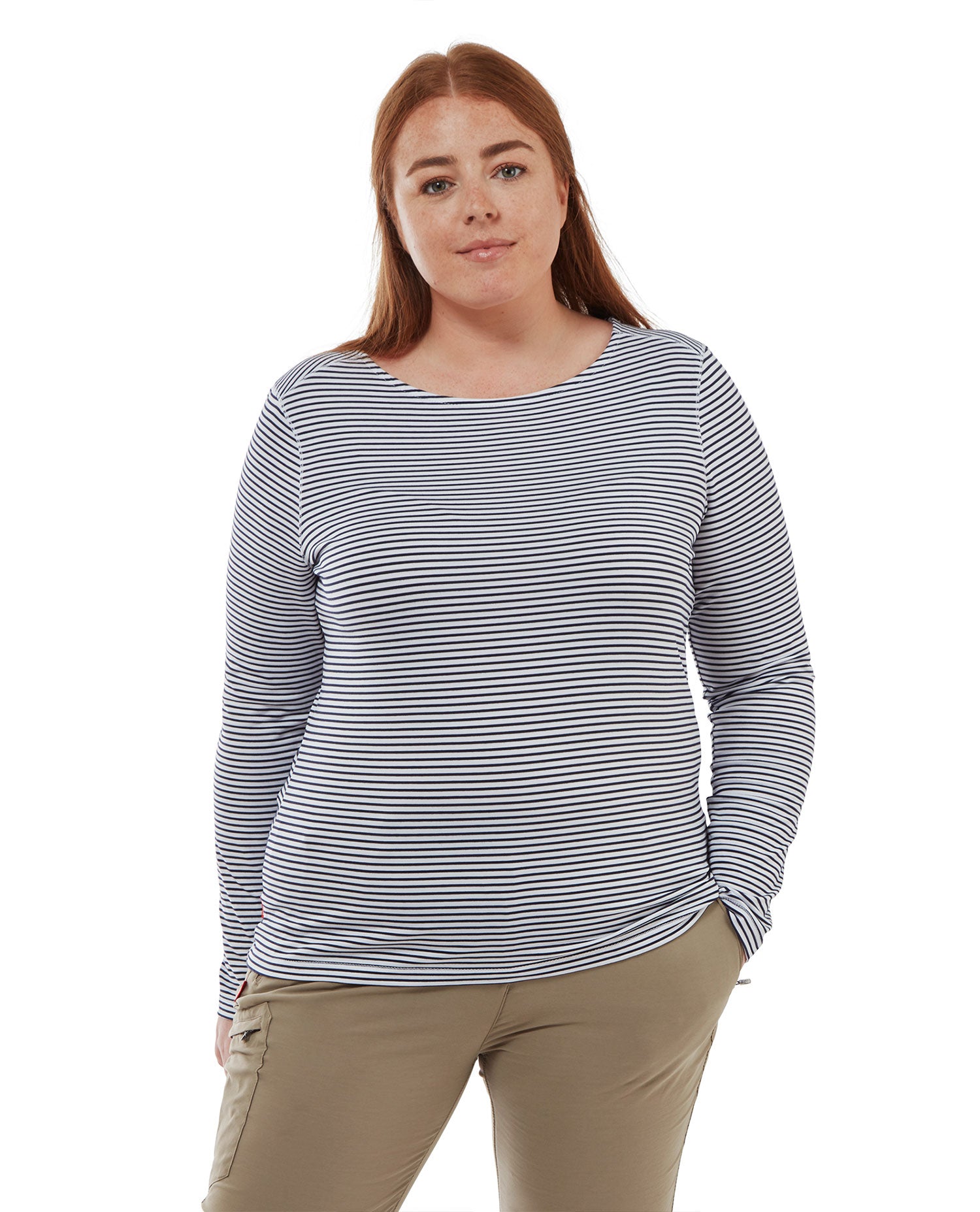 Blue Navy Stripe coloured Craghoppers NosiLife Erin Ladies L/S Top on white background 