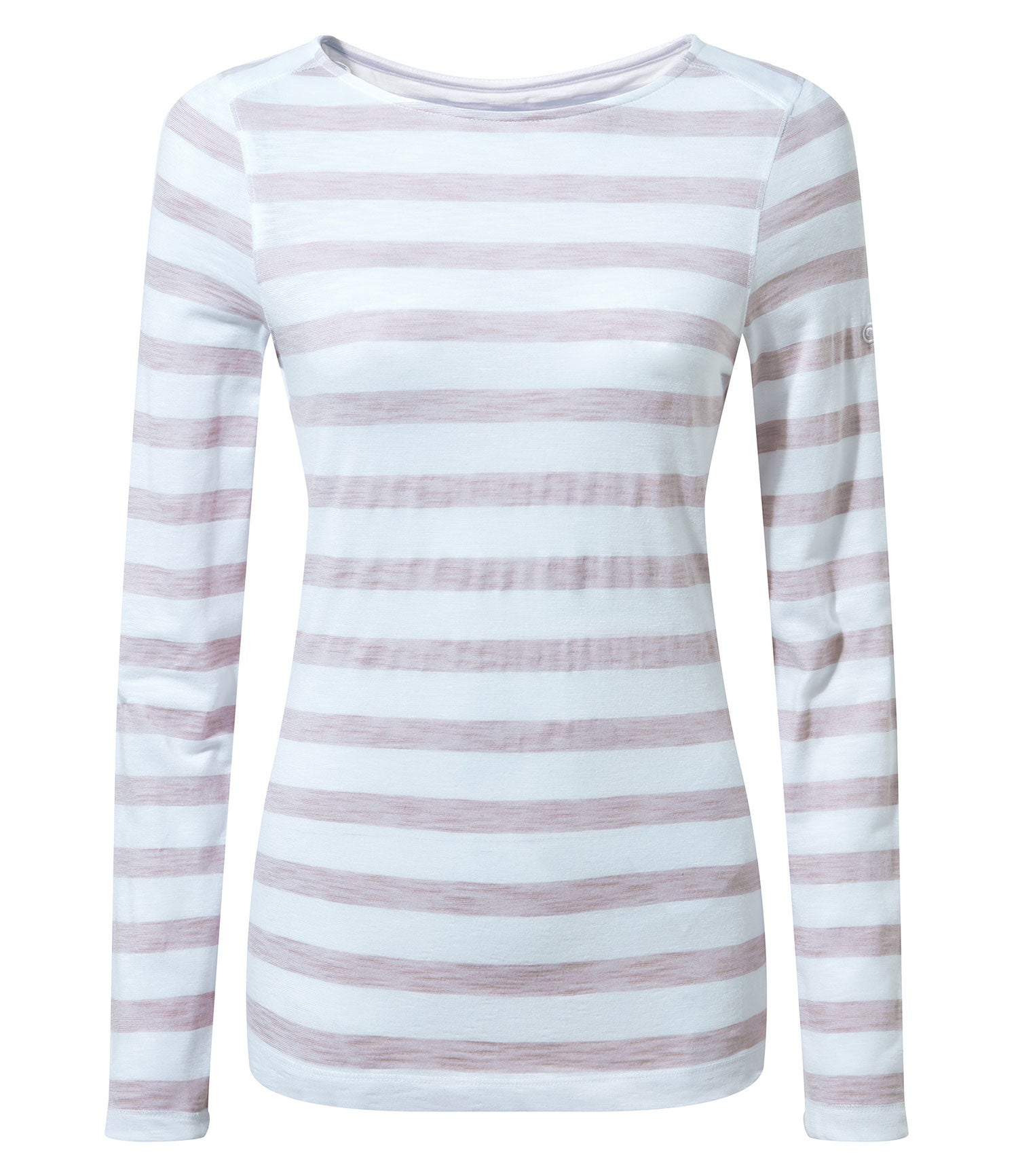 Brushed Lilac Stripe coloured Craghoppers NosiLife Erin Ladies L/S Top on white background 