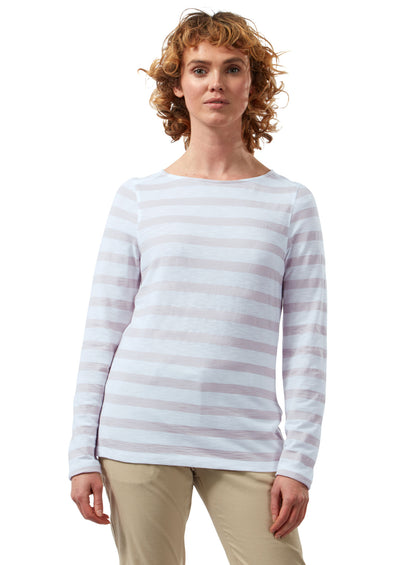 Brushed Lilac Stripe coloured Craghoppers NosiLife Erin Ladies L/S Top on white background 