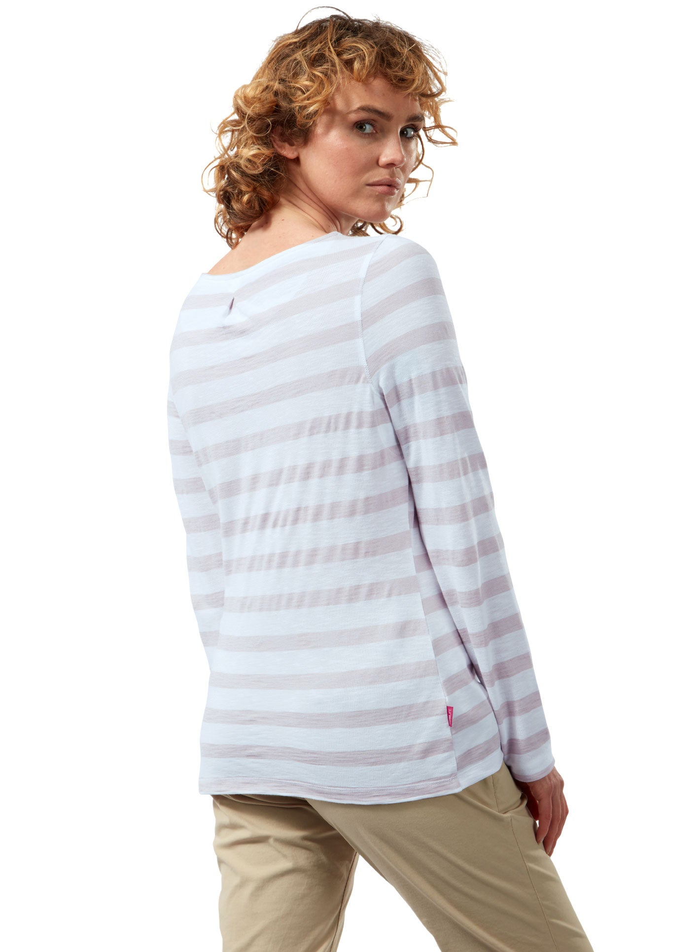 Brushed Lilac Stripe coloured Craghoppers NosiLife Erin Ladies L/S Top on white background 
