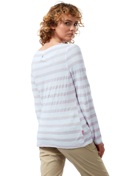 Brushed Lilac Stripe coloured Craghoppers NosiLife Erin Ladies L/S Top on white background 