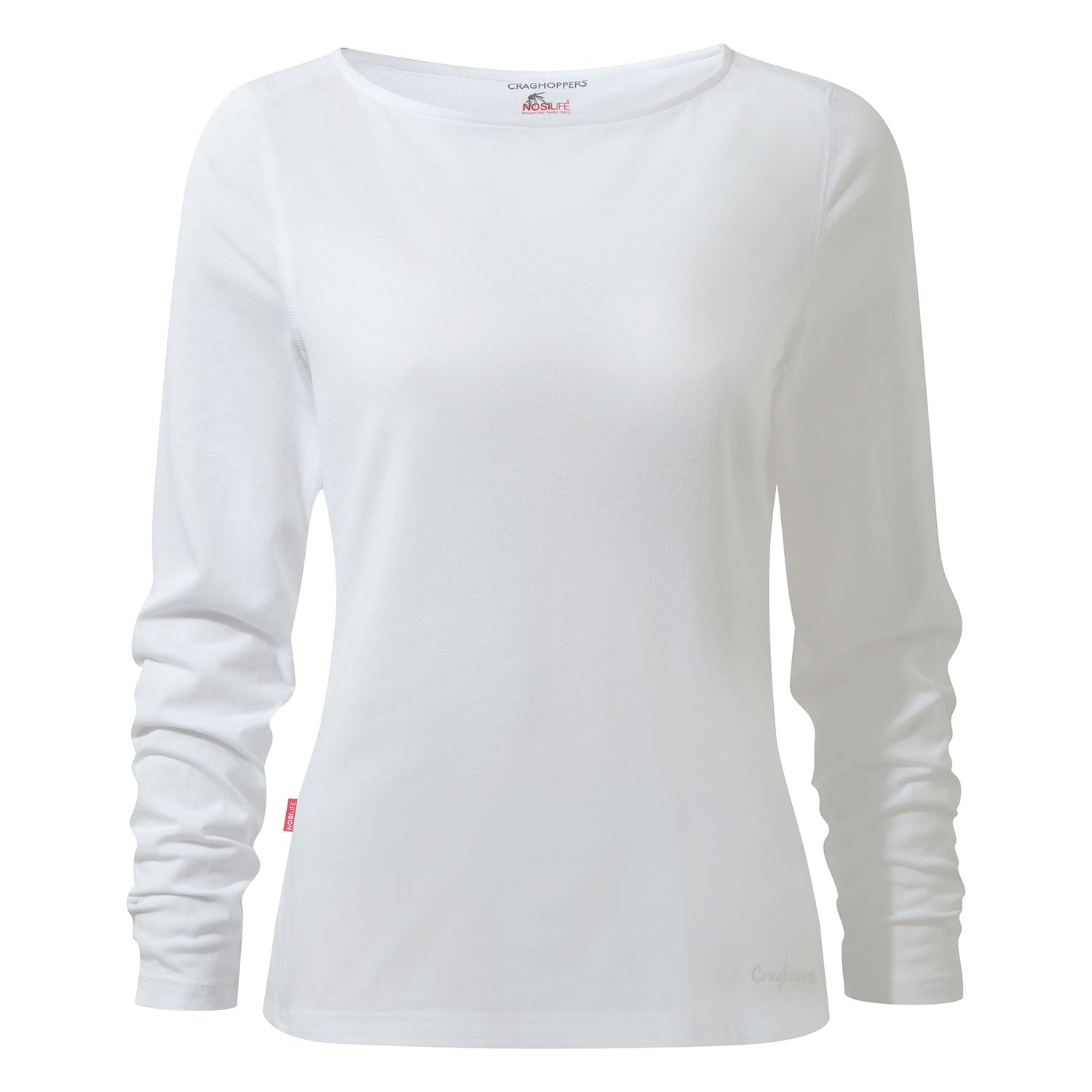 Optic White coloured Craghoppers NosiLife Erin Ladies L/S Top on white background 