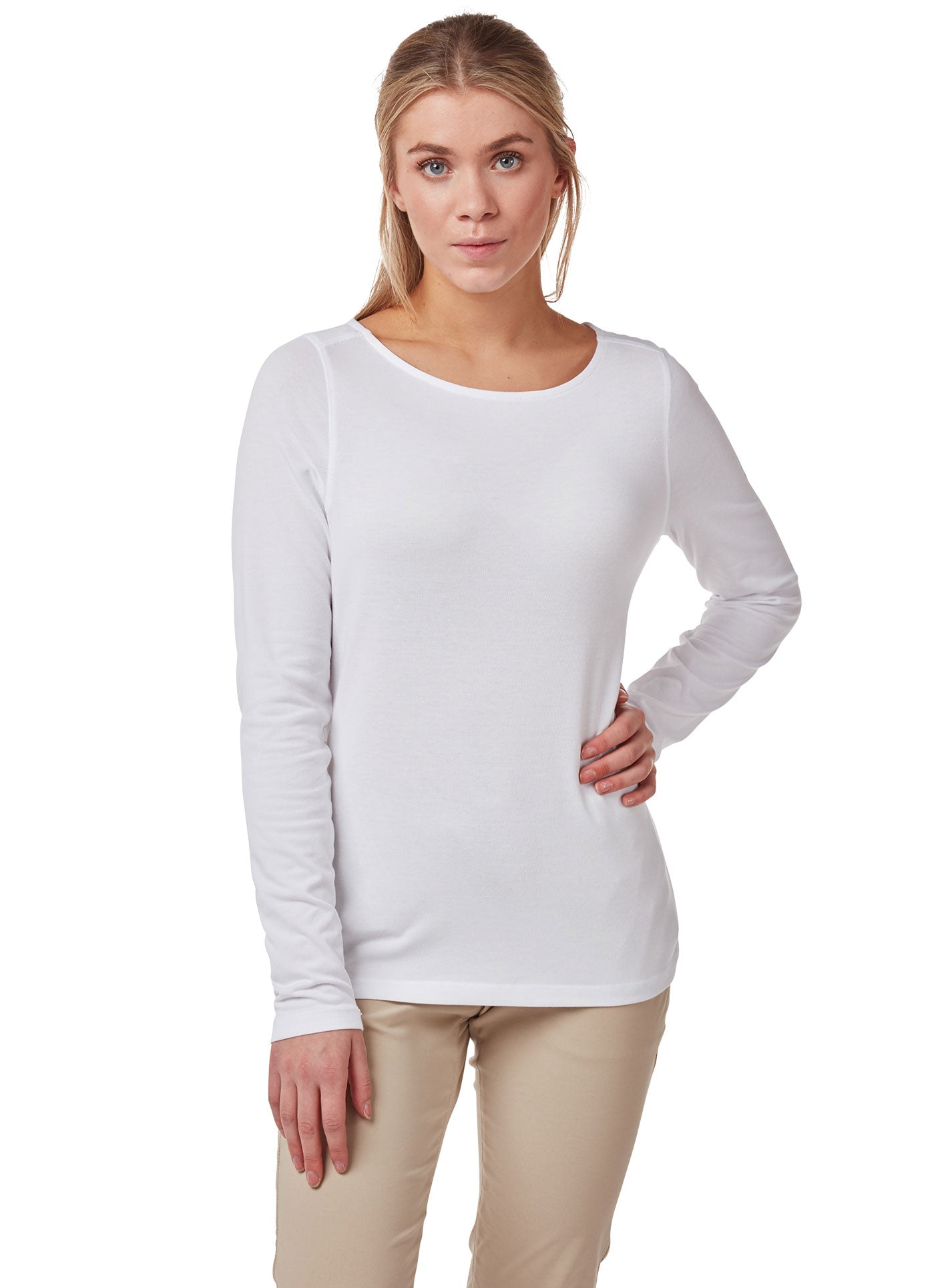 Optic White coloured Craghoppers NosiLife Erin Ladies L/S Top on white background 