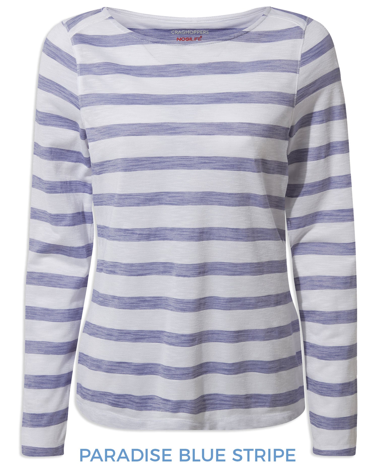 Paradise Blue Stripe coloured Craghoppers NosiLife Erin Ladies L/S Top on white background 