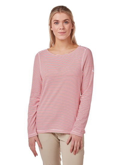 Rio Red Stripe coloured Craghoppers NosiLife Erin Ladies L/S Top on white background 