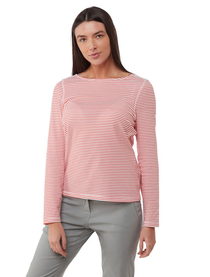 Rio Red Stripe coloured Craghoppers NosiLife Erin Ladies L/S Top on white background 