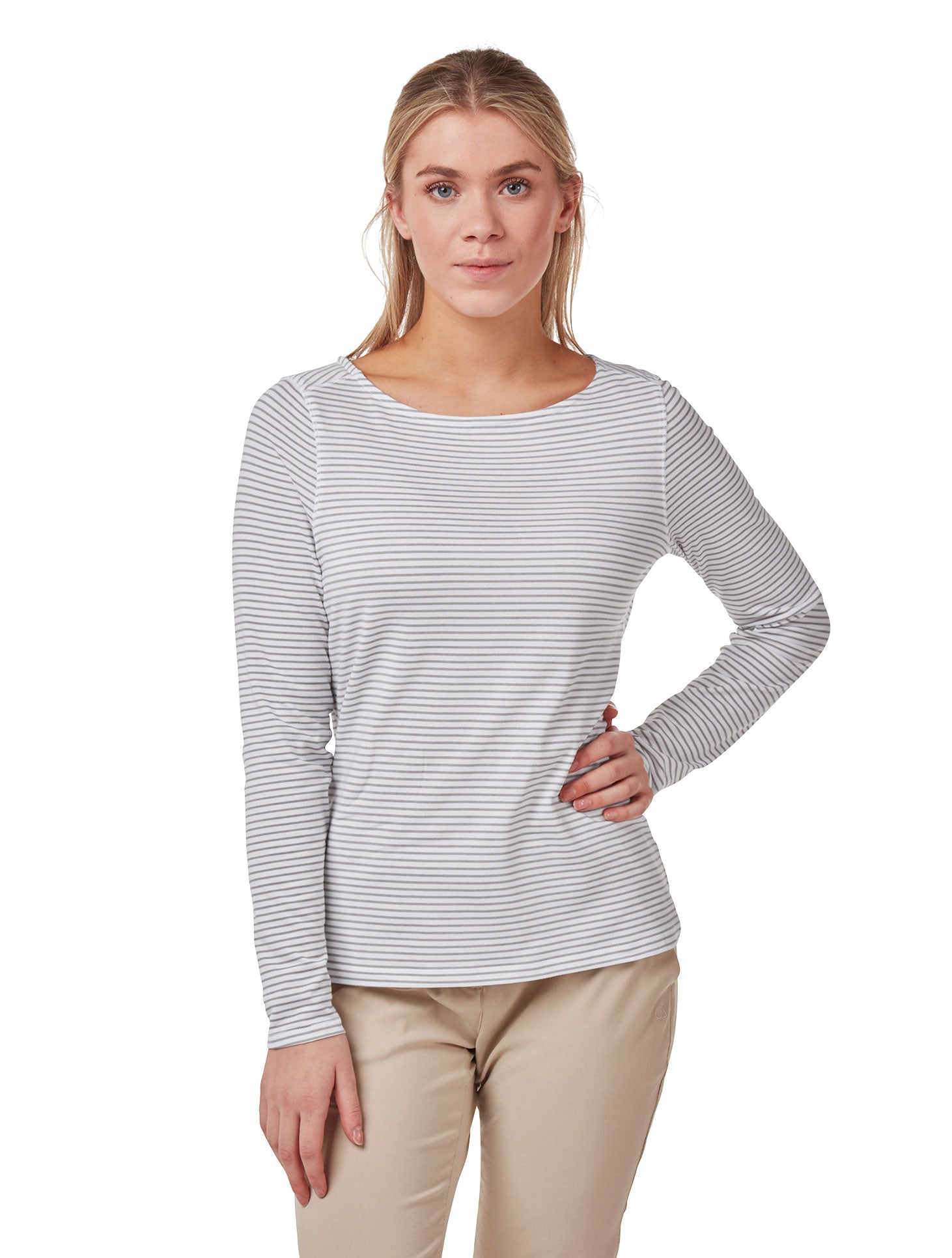 Soft Grey Marl Stripe coloured Craghoppers NosiLife Erin Ladies L/S Top on white background 