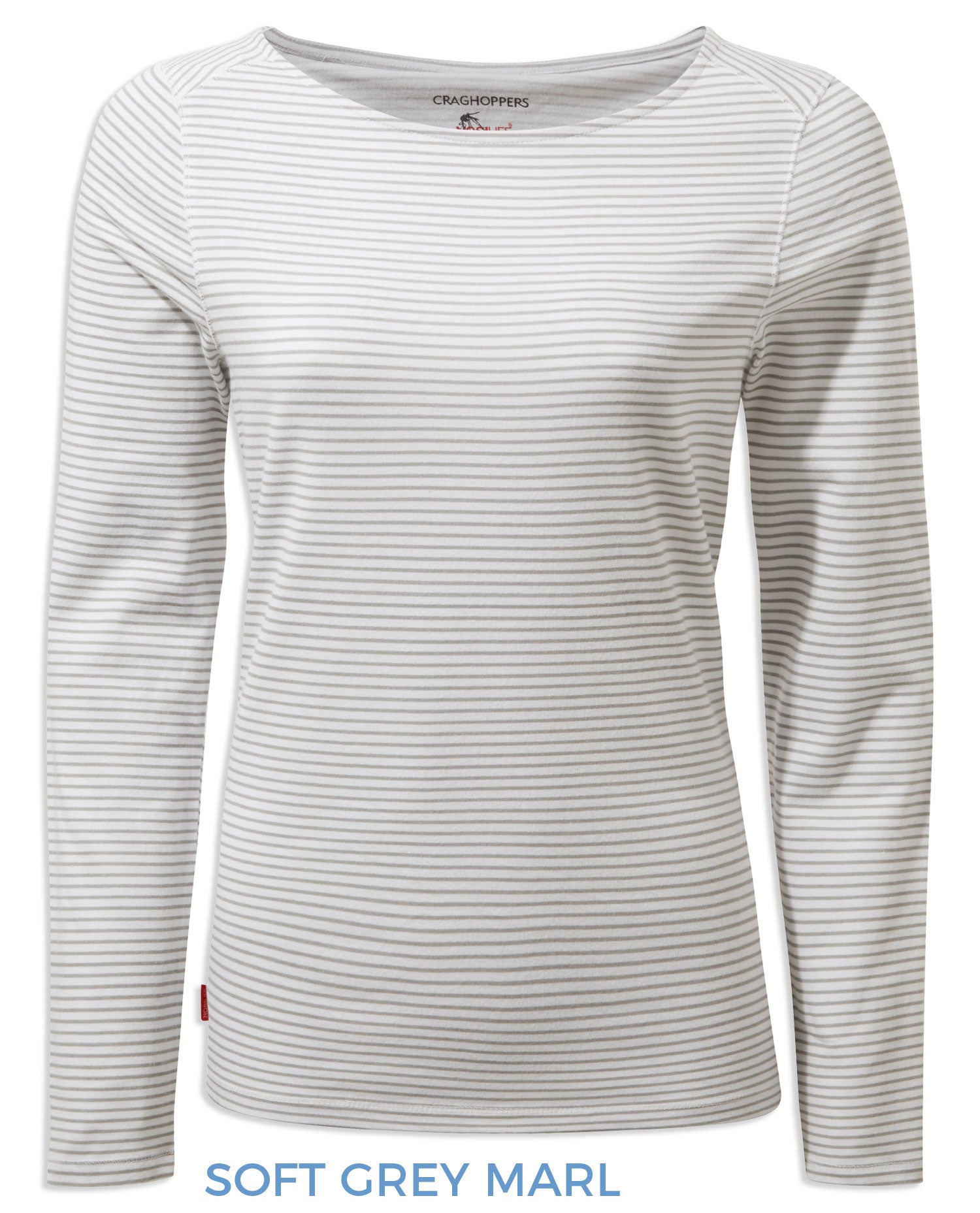 Soft Grey Marl Stripe coloured Craghoppers NosiLife Erin Ladies L/S Top on white background 