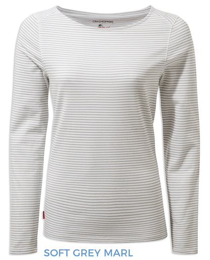 Soft Grey Marl Stripe coloured Craghoppers NosiLife Erin Ladies L/S Top on white background 