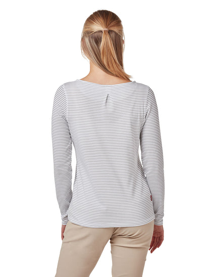 Soft Grey Marl Stripe coloured Craghoppers NosiLife Erin Ladies L/S Top on white background 