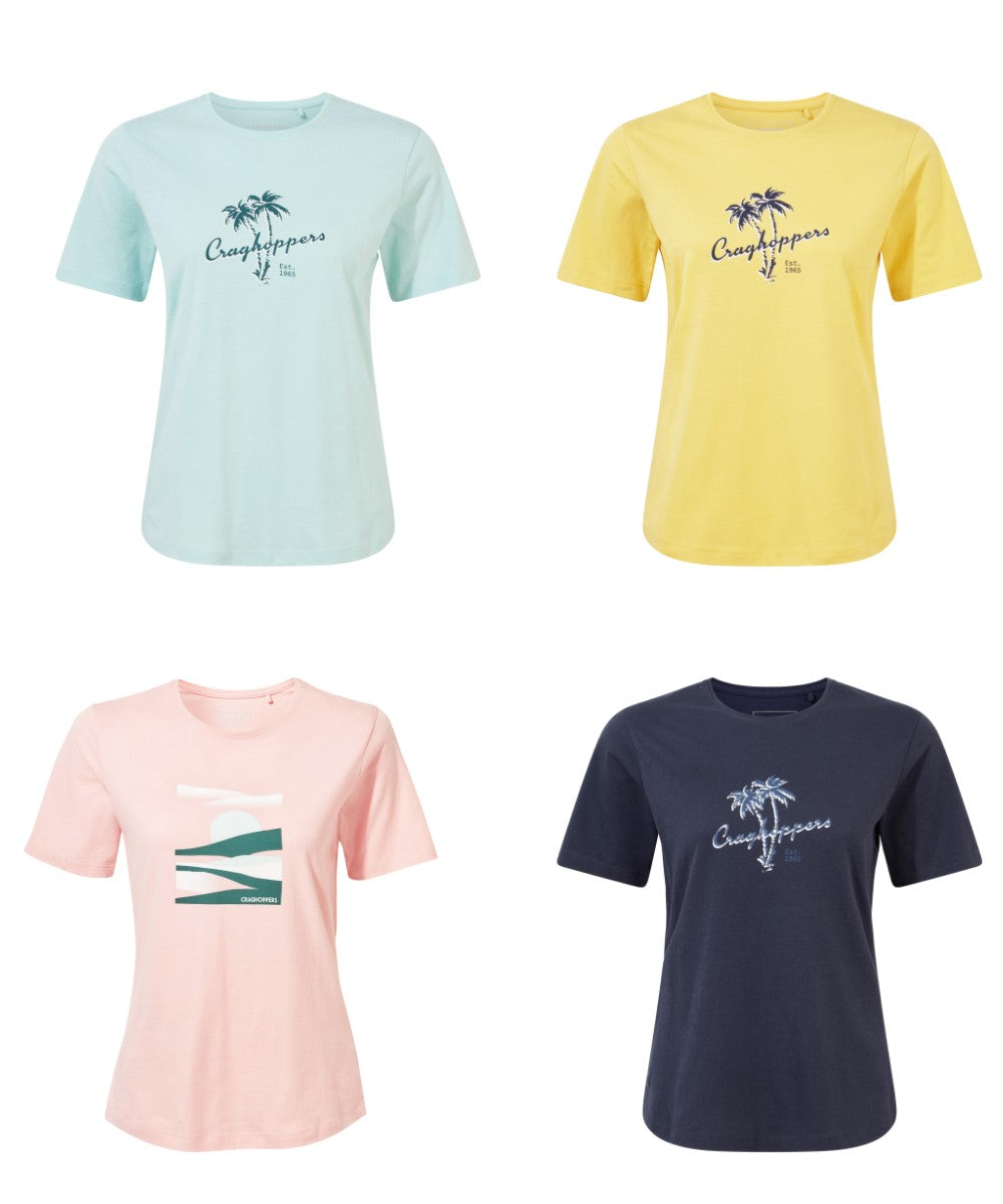 Craghoppers Ally Short Sleeved Ladies T-Shirt in Poolside Green Palm Tree, Pineapple Pam Tree, Blue Navy Palm Tree and Pink Clay Sunset