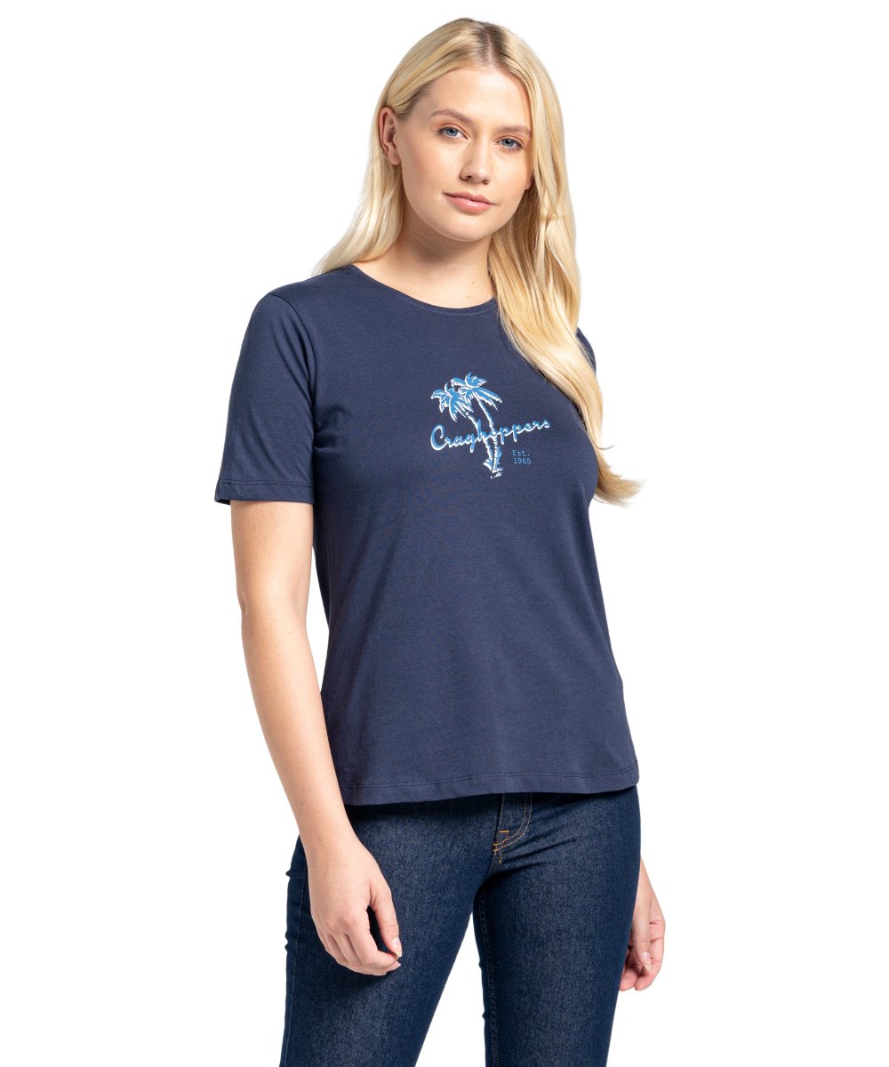 Craghoppers Ally Short Sleeved Ladies T-Shirt in Blue Navy Palm Tree