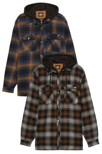 Dickies Fleece Hood Flannel Shirt Jacket in Navy Brown and Black Timber