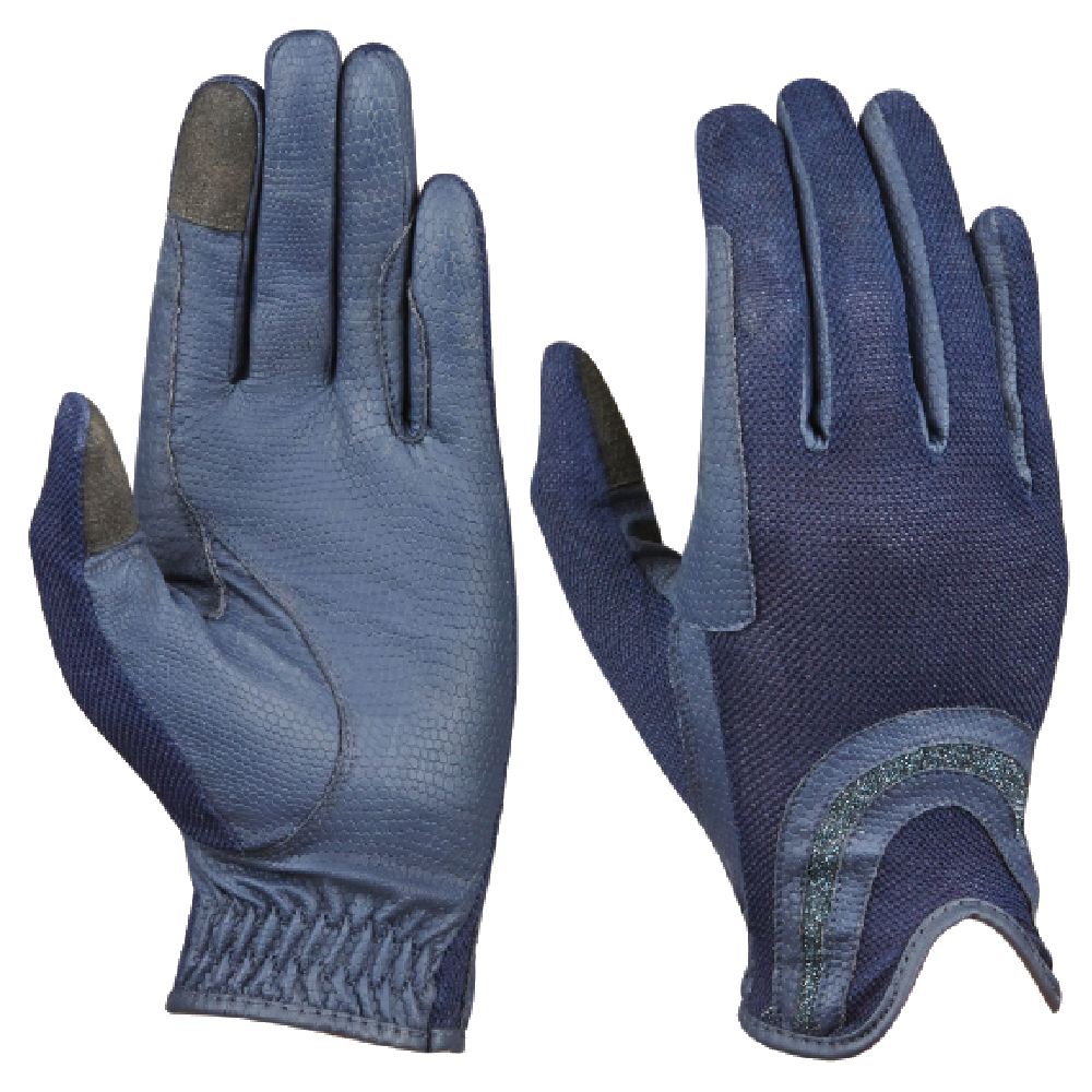 Dublin Pull On Glitter Mesh Back Riding Gloves in Navy 