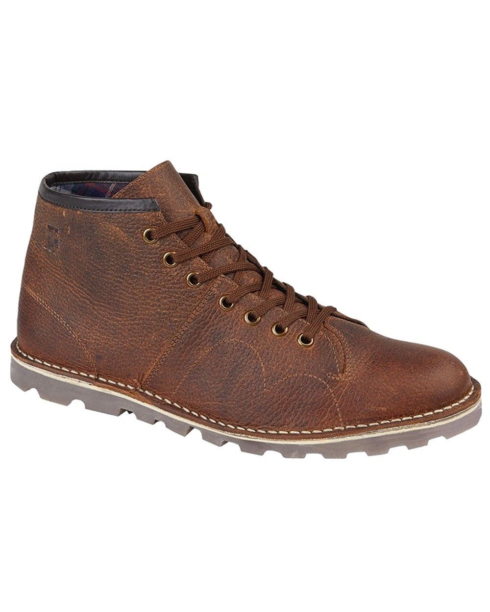 Waxy Brown coloured Grafters Heritage Monkey Boots on white background 
