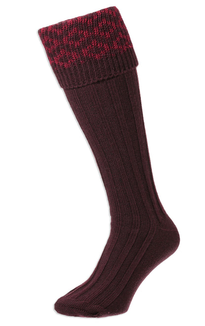 Maroon HJ Hall Cushion Foot Long Sock | Patterned Top 