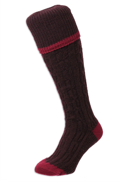 Maroon Cable Stripe Long Country Sock by HJ Hall 