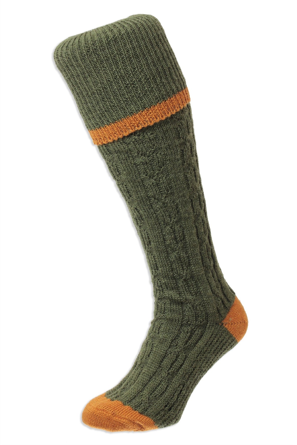 Green olive and orange Cable Stripe Long Country Sock by HJ Hall  