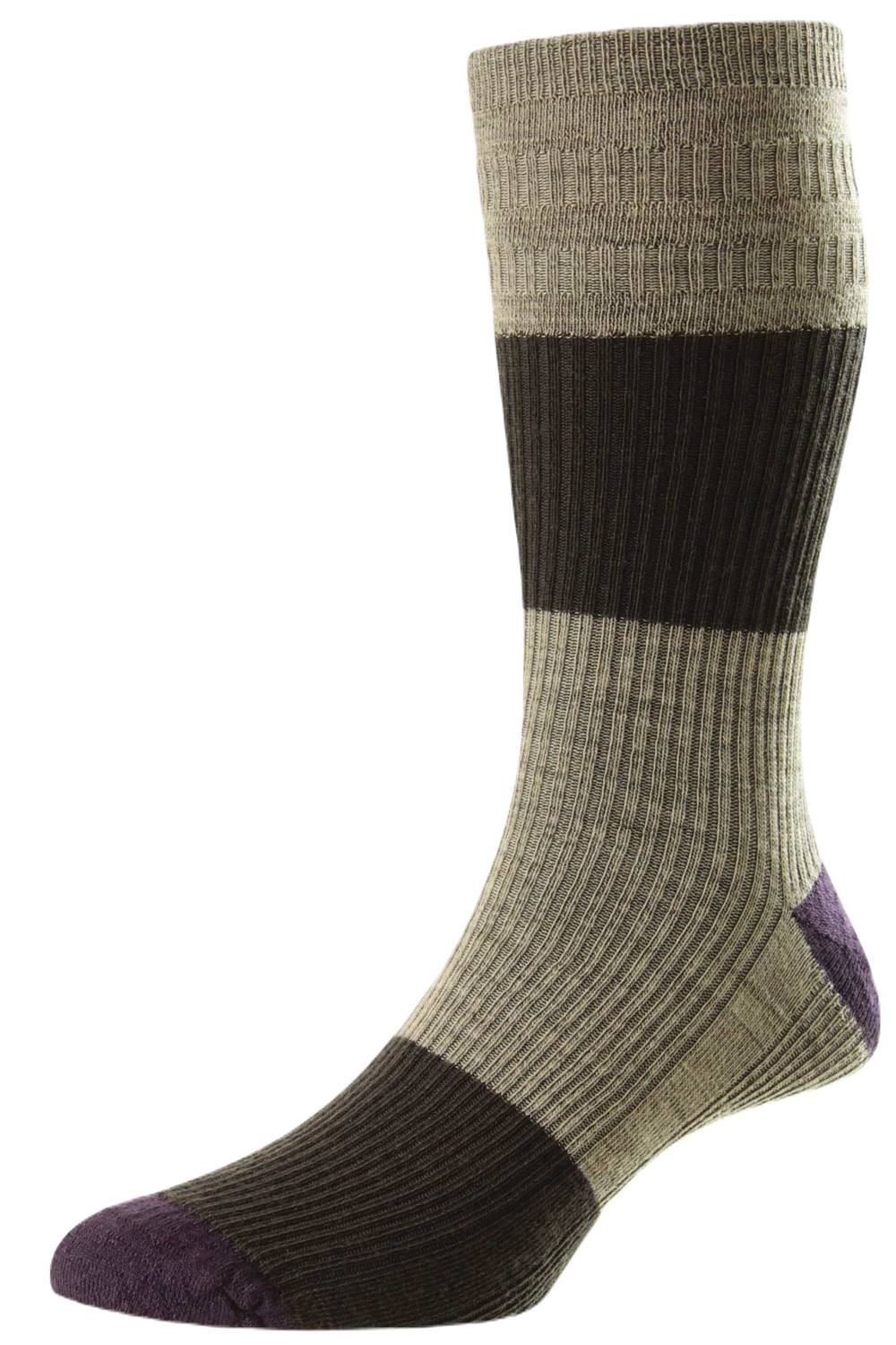 HJ Hall Block Stripe Wool Softop Socks in Dark Brown Mix