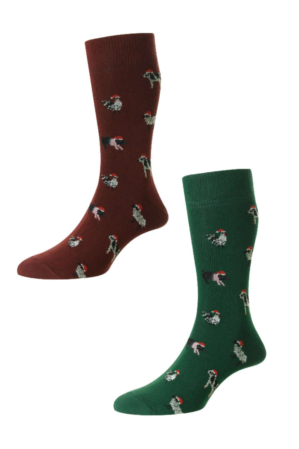 HJ Hall Animals In Christmas Hats Rich Cotton Socks in Forest and Wine