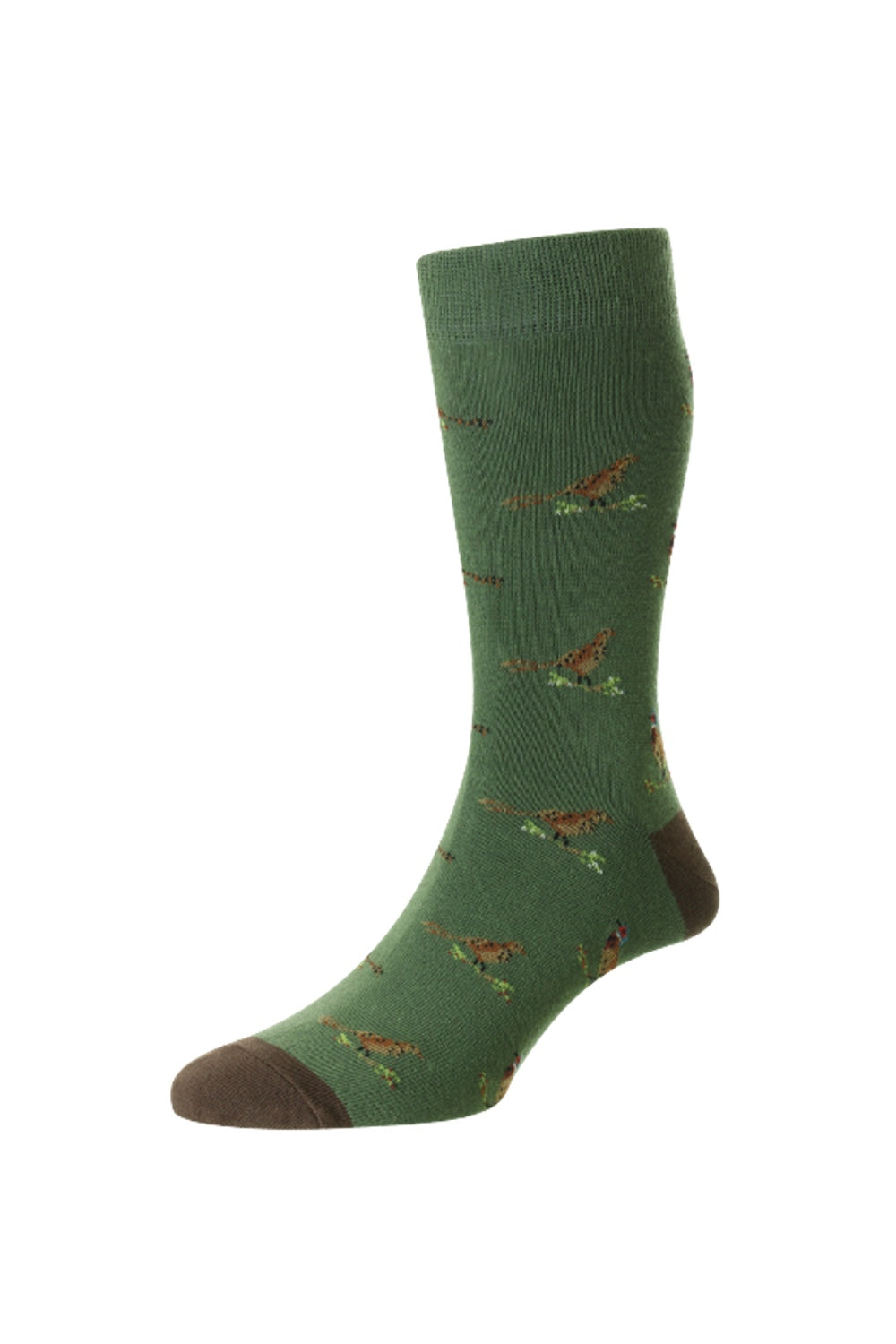 HJ Hall Pheasant and Grouse Motif Rich Cotton Socks in Moss  