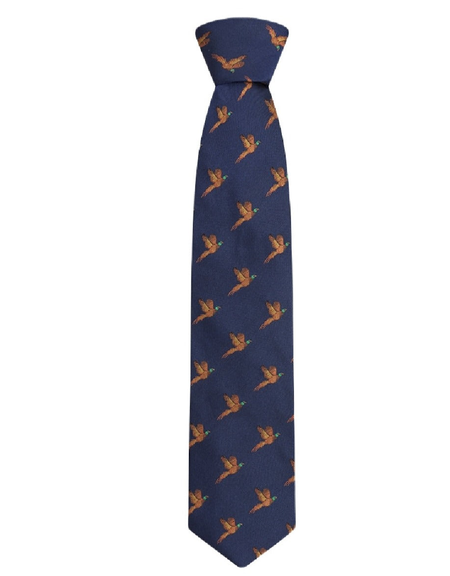 Hoggs of Fife 100% Silk Woven Tie Pheasants Boxed in Navy 