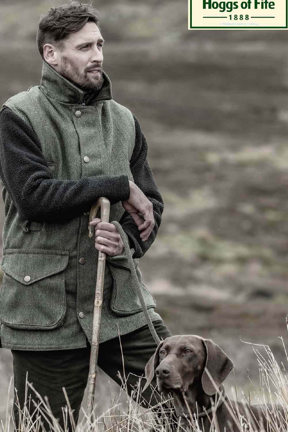 Hoggs of Fife Helmsdale Tweed Waistcoat | Green Herringbone Tweed