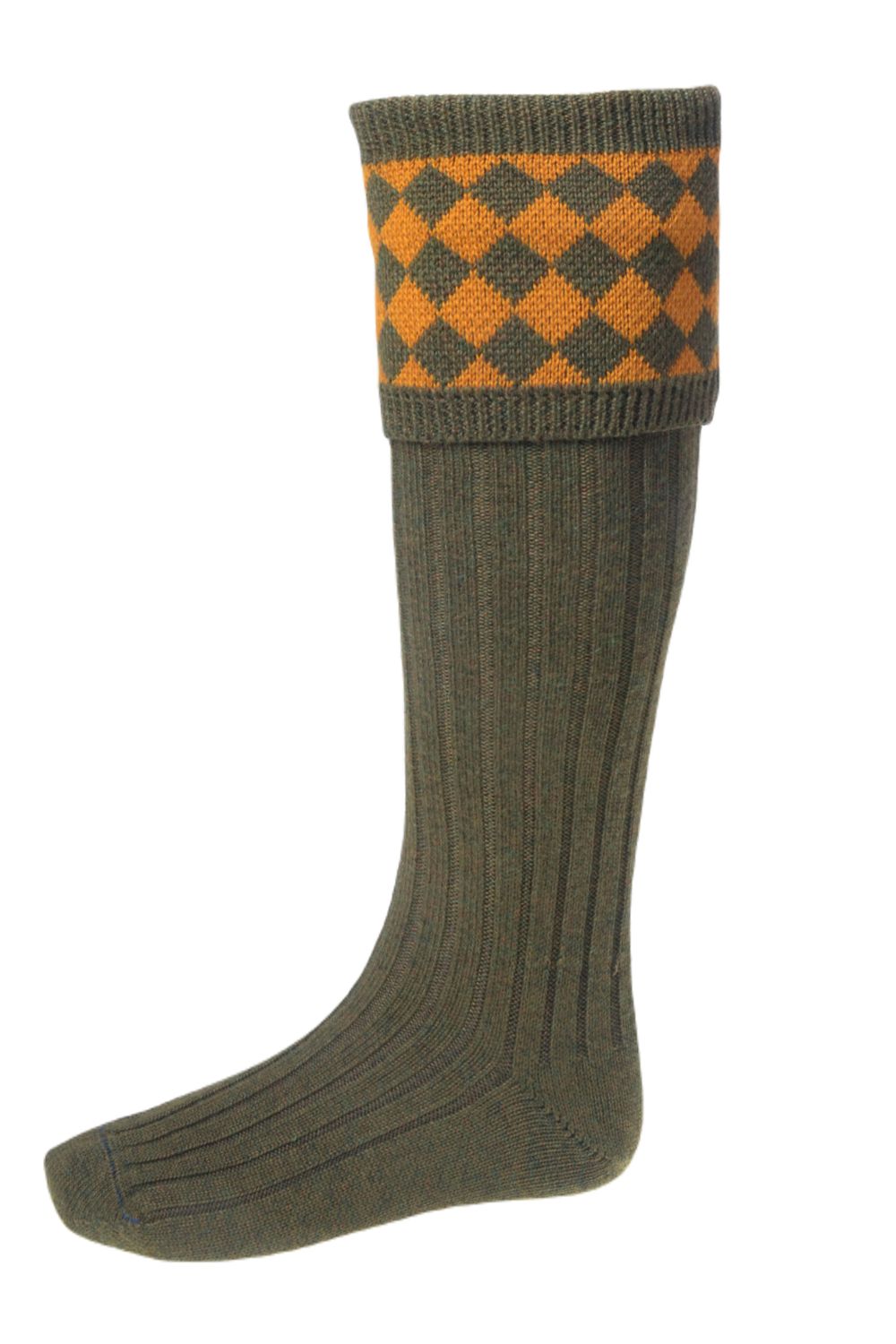 House Of Cheviot Chessboard Socks In Bracken/Ochre 