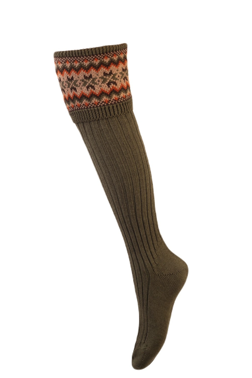 House Of Cheviot Lady Fairsle Socks In Dark Olive 