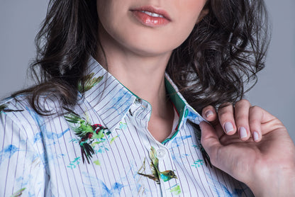 Layla Ladies Country Shirt by Hartwell with green humming birds with a stripe pattern