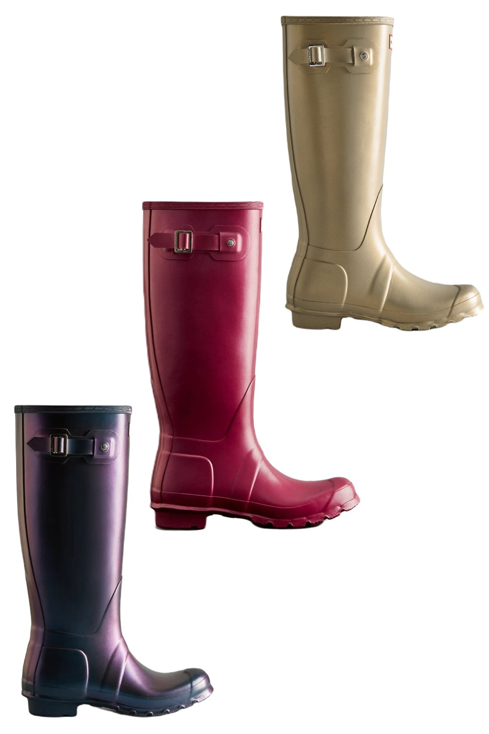 Hunter Womens Nebula Tall Wellington Boots in Pale Gold, Stornoway Blue and Hayes Burgundy