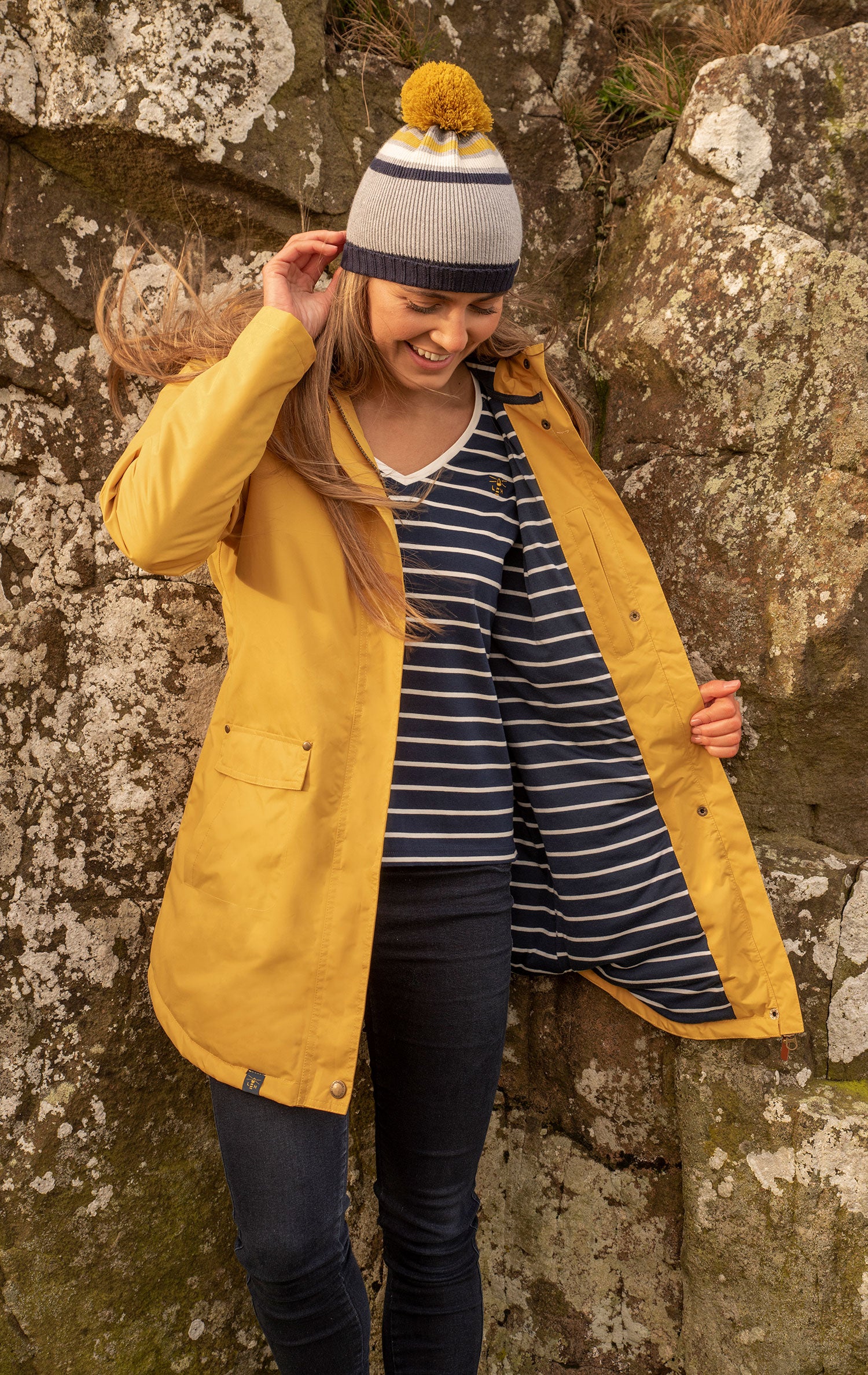 Navy lining Yellow outer Iona Padded Waterproof Coat by Lighthouse