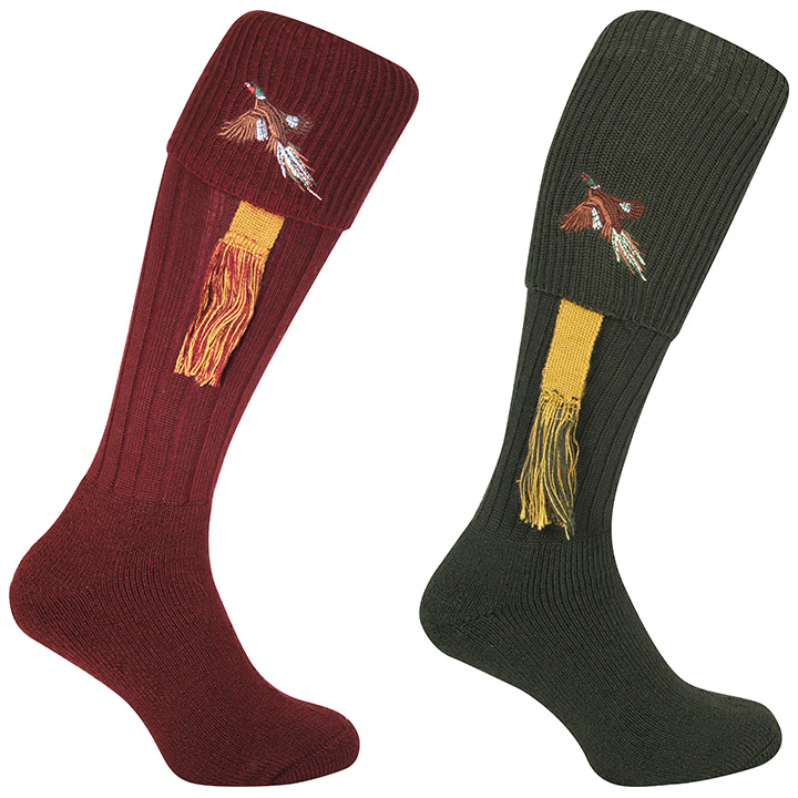 Jack Pyke Shooting Socks Pheasant in Burgundy. Green 