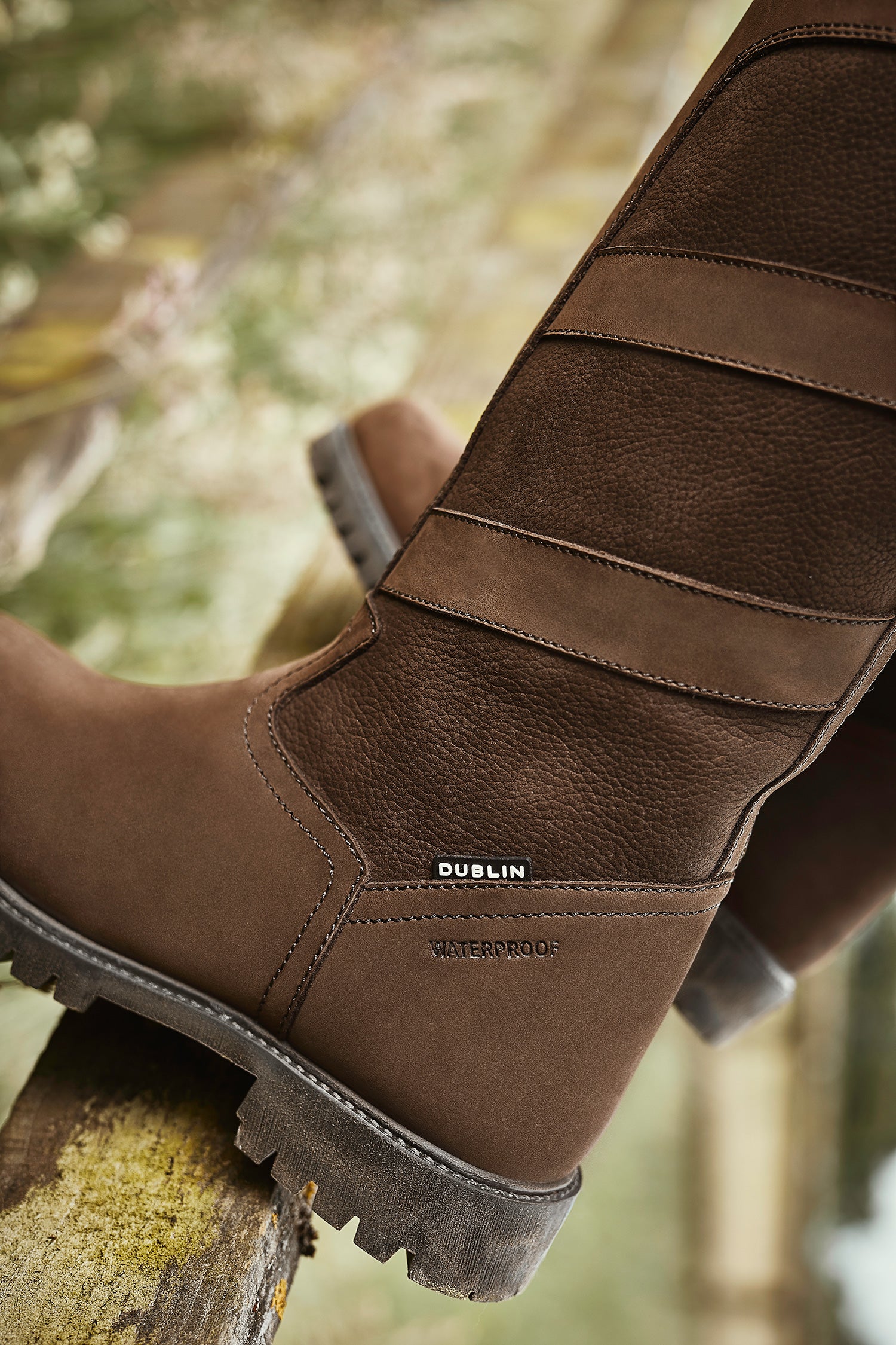 Heel detail showing leather grain and waterproof logo