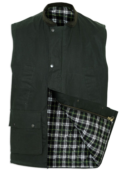 Champion Lanark Waxed Cotton Waistcoat opens to show tartan quilted lining 