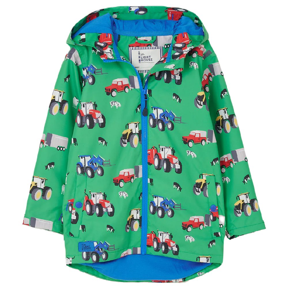Lighthouse Boys Ethan Waterproof Jacket in Peagreen Tractor Print 