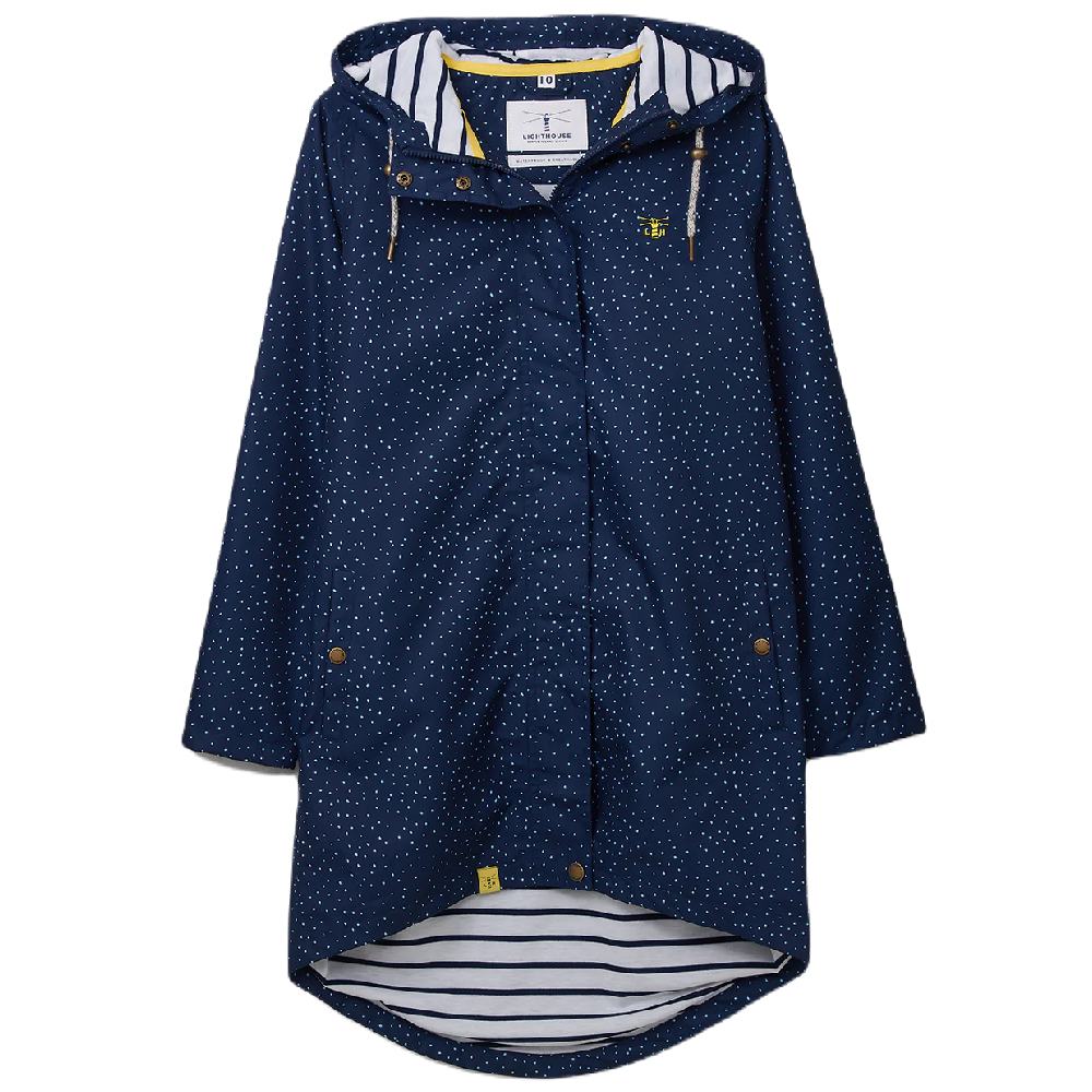 Lighthouse Beachcomber Womens Long Waterproof Coat in Navy Dot 