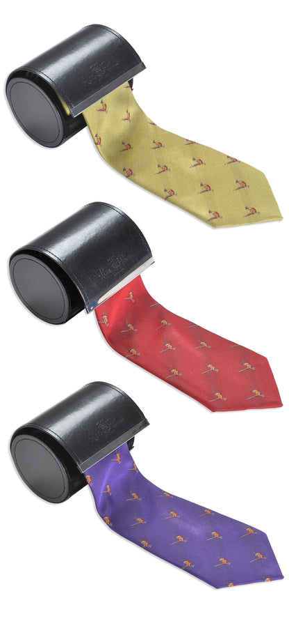 Alan Paine Ripon Silk Tie | Standing Pheasant in bright coulours red purple and gold