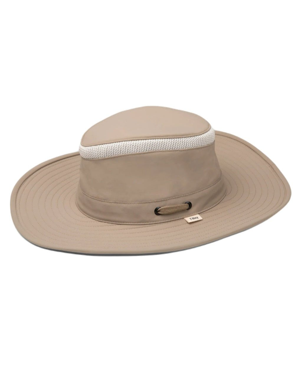 Taupe coloured Tilley Airflo Broad Brim Sun Hat on white background 