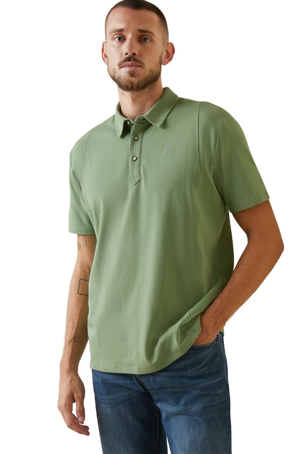 Ariat Medal Polo Shirt In Basil - Close up front  