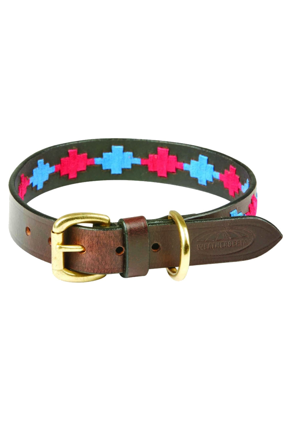 WeatherBeeta Polo Leather Dog Collar in Beaufort Brown/Pink/Blue 
