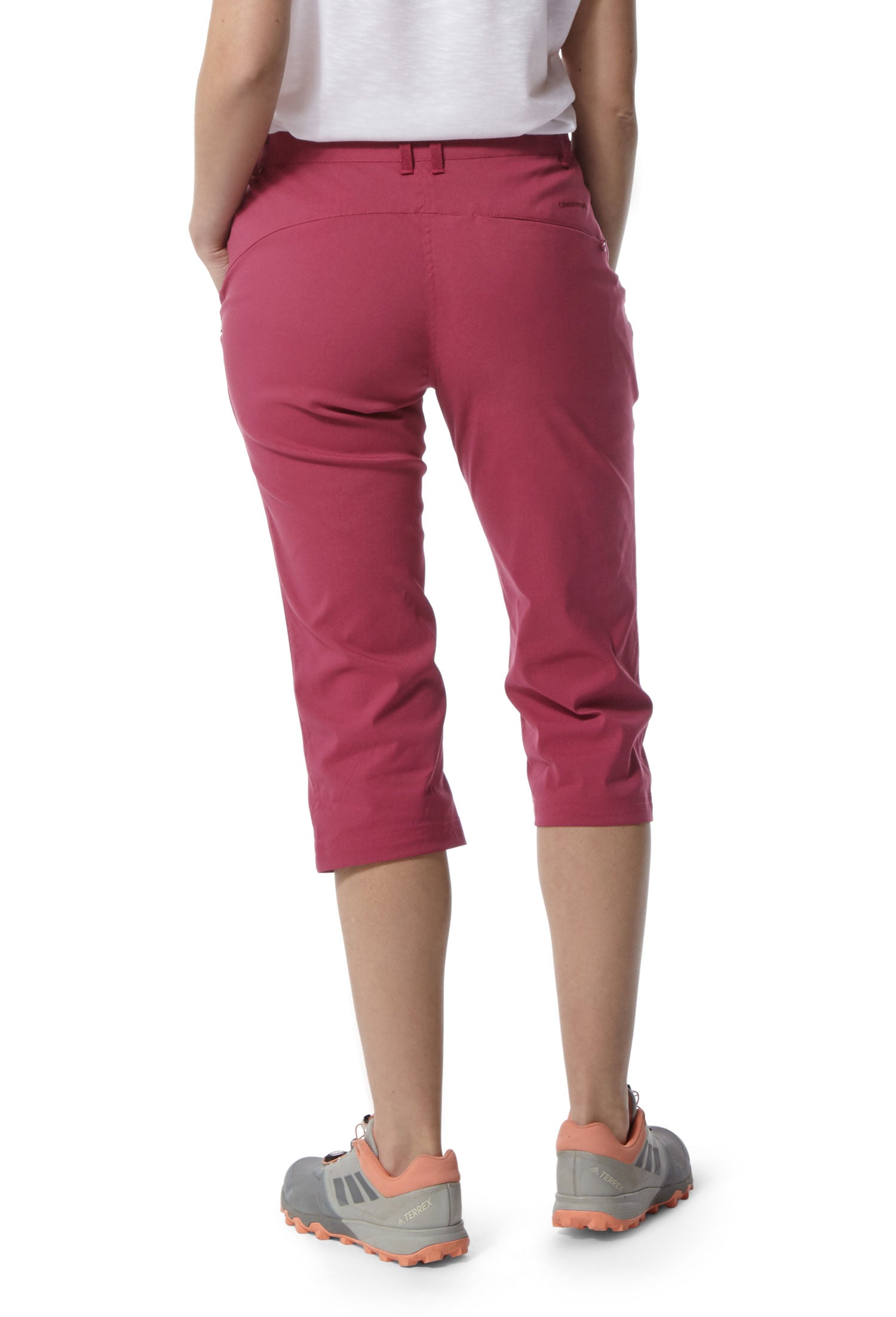 rear view three quarter length Capri trousers Rose Pink