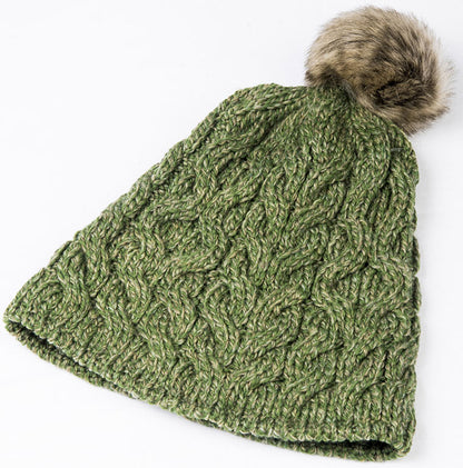 Green Aran Knitted Faux Fur Bobble Hat 