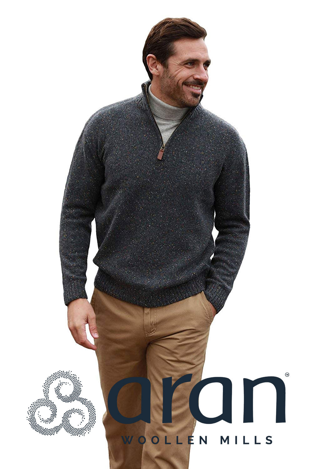 Aran Wool Zip Neck Sweater 